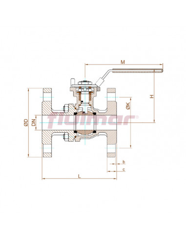 Válvula esfera dos piezas inox brida esquema